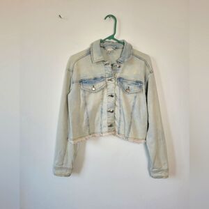 Venus Cropped Acid Wash Denim Jean Jacket Fringe Trim Grunge 90s Biker Small